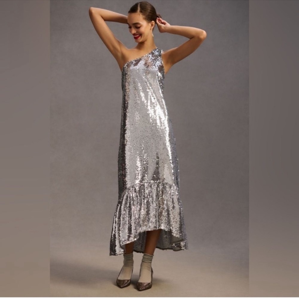 Maeve my Anthropologie Silver Sequin One-Shoulder Dress size XL